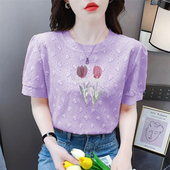 时髦郁金香字母印花短袖 上衣立体蕾丝心形提花设计感inside体恤