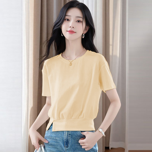 通勤轻职风时尚设计感下摆收口开叉短袖体恤气质显瘦ins圆领上衣