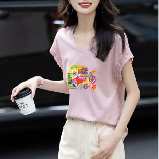 上衣女潮流时尚 高级感油画风印花短袖 正肩V领气质显瘦ins体恤