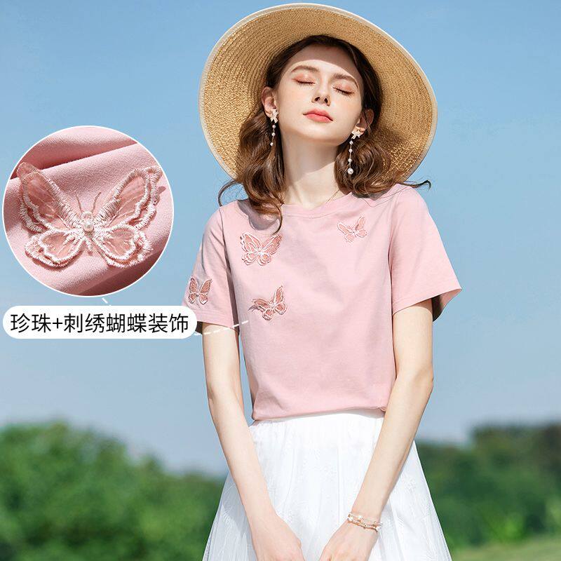 简约舒适显瘦透气圆领正肩体恤上衣女蝴蝶珍珠装饰亲肤显年轻短袖