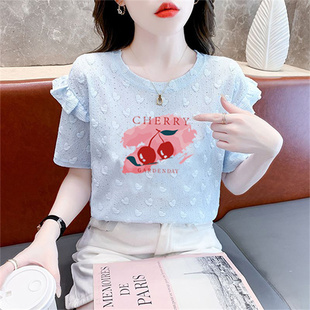 气质正肩圆领拼接短袖女休闲风舒适亲肤透气高级感ins体恤上衣女