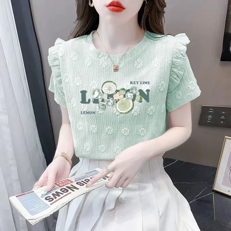 设计感洋气小衫短袖t恤女夏季正肩显瘦宽松时尚休闲印花气质上衣