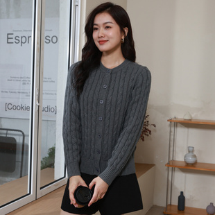 纯棉毛衣开衫 重工针织外套高级感冬 线衣外搭圆领麻花高端扭花厚款