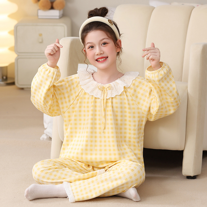穗鼠云朵棉儿童睡衣长袖娃娃领花边套装亲子中大童家居服10-XL码