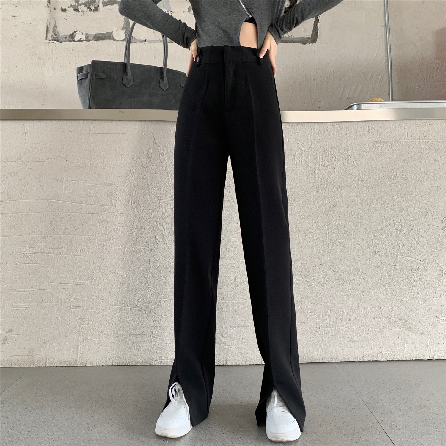 春装2021年新款拖地开叉西装裤女小个子高腰垂感阔腿裤夏季开叉裤