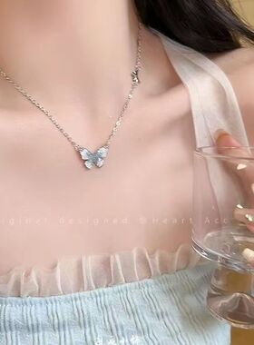 「梦蝶」蓝蝴蝶锆石项链女小众独特设计感锁骨链冷淡风高级配饰