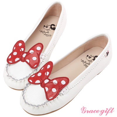 disney collection by grace gift波點蝴蝶結莫卡辛鞋 白