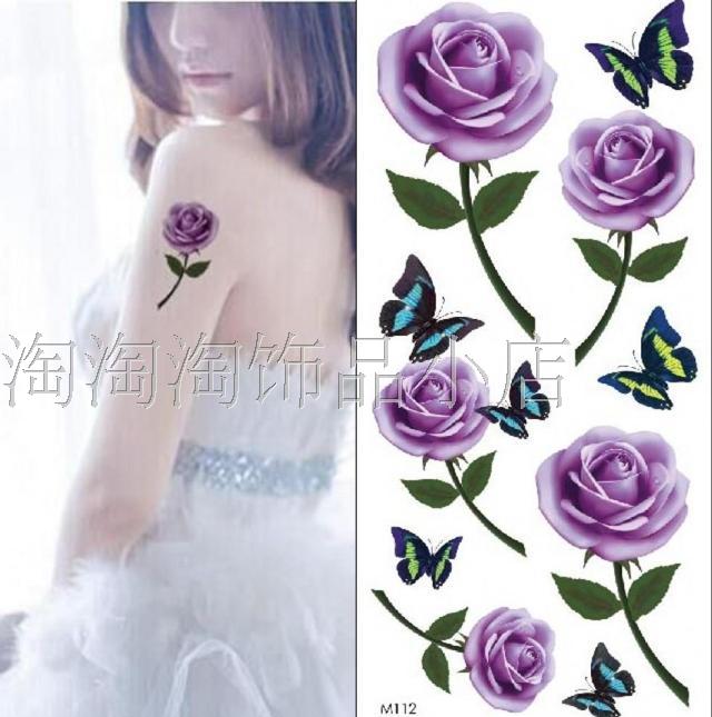 纹身贴水女紫色花朵玫瑰小清新一次性暂时性假纹身满5张包邮