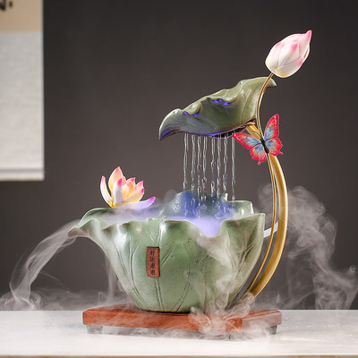 新中式水循环陶瓷流水生财摆件家居客厅办公室桌面荷花开业装饰品