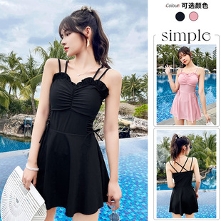 性感保守泳衣 纯色游泳衣纯欲时尚 温泉泳装 女显瘦聚拢裙式