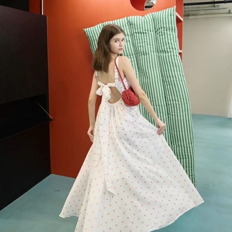 甜美田园风圆点吊带连衣裙长裙