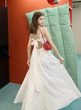 【泰国代购】设计师品牌 Pleased 甜美田园风圆点吊带连衣裙长裙