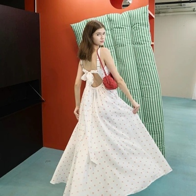 甜美田园风圆点吊带连衣裙长裙