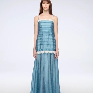 【泰国代购】设计师品牌 Janesuda 度假吊带条纹蕾丝边连衣裙长裙