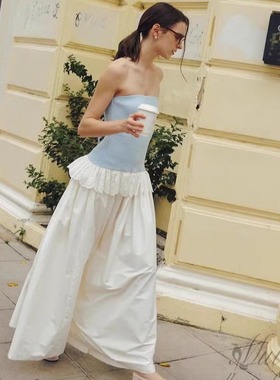 【泰国代购】设计师品牌 Pleased 抹胸蕾丝边清新收腰连衣裙长裙