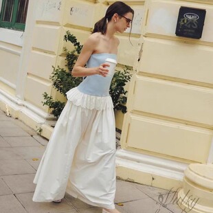 【泰国代购】设计师品牌 Pleased 抹胸蕾丝边清新收腰连衣裙长裙