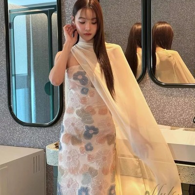 丝巾花朵抹胸连衣裙长裙礼服