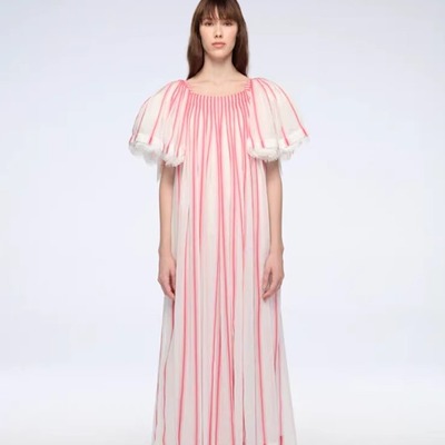 条纹泡泡袖热气球连衣裙长裙