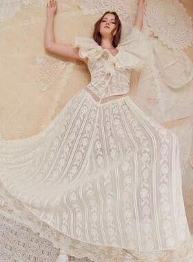 【泰国代购】设计师品牌 Janesuda V领仙女度假蕾丝连衣裙长裙