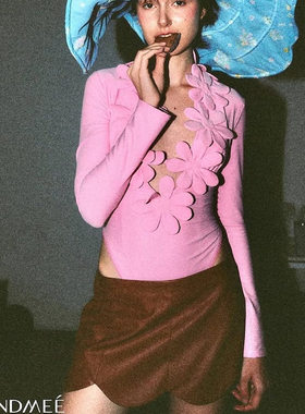 【泰国代购】设计师品牌 Landmee 花朵深V长袖bodysuit连衣裤半裙