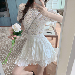 Real price floral pleated slim T-shirt + pleated Ruffle high waist skirt