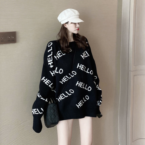 Real price net red fashion fruit green sweater lazy loose HELLO letter Pullover Sweater