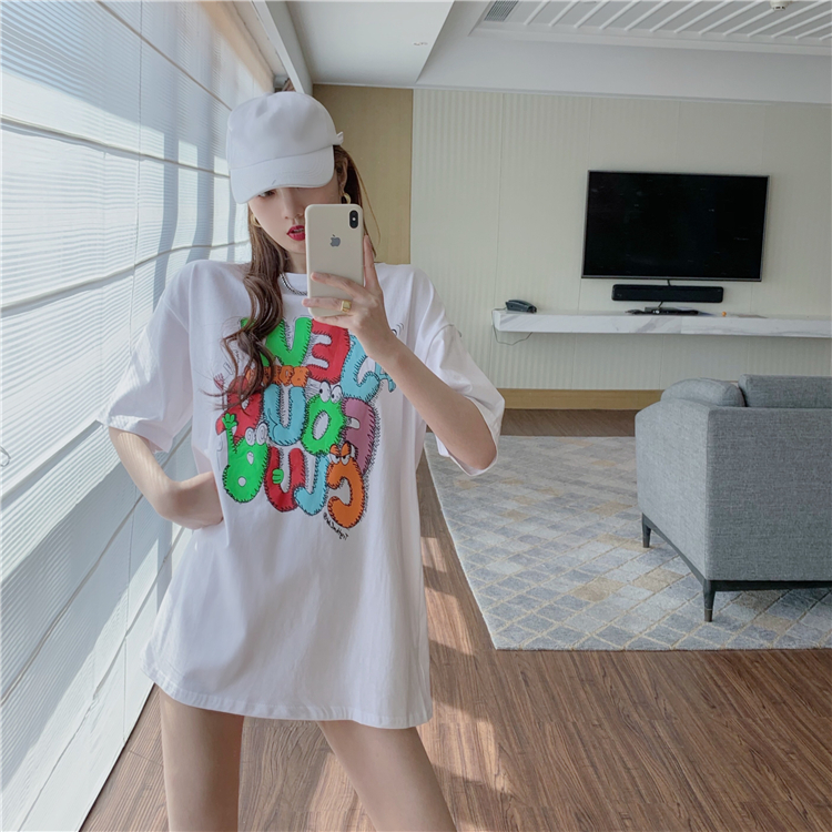 Real price back hollow color matching loose and versatile medium and long printed T-shirt