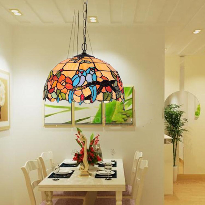 田园餐厅吊灯双鸟鹦鹉进门过道蒂凡尼彩色玻璃灯吊灯卧室阳台吊灯