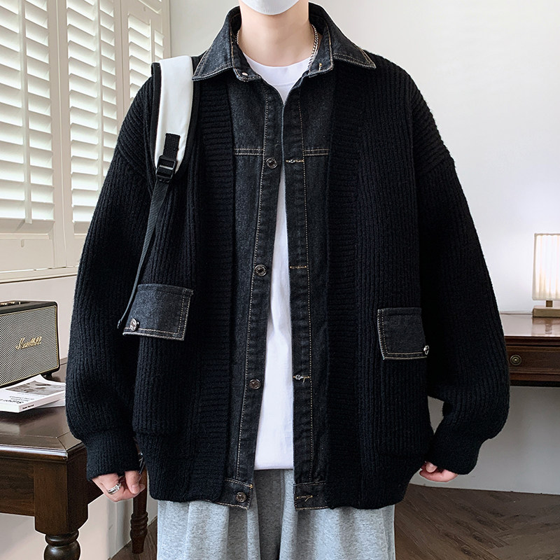 现货84877-特P88秋冬新款针织开衫毛衣男外套假两件拼接港风,男装针织衫/毛衣,电商D310（原电商305）