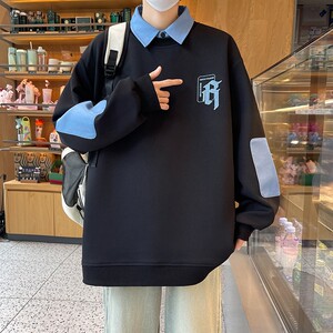 84201-P50春秋季POLO衫卫衣男潮牌宽松港风学生长袖T恤情侣装套头图片