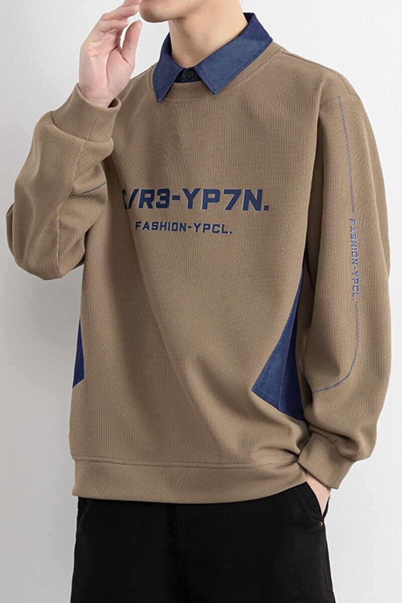 W25213-特P50春季休闲时尚卫衣男长袖打底衫衬衫领假两件外套,男装卫衣,电商D310（原电商305）