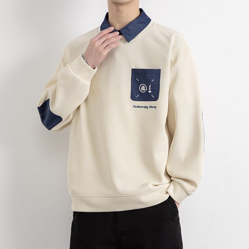 W25211-特P50春季休闲时尚衬衫领假两件卫衣男长袖打底衫，男装卫衣，电商D310（原电商305）