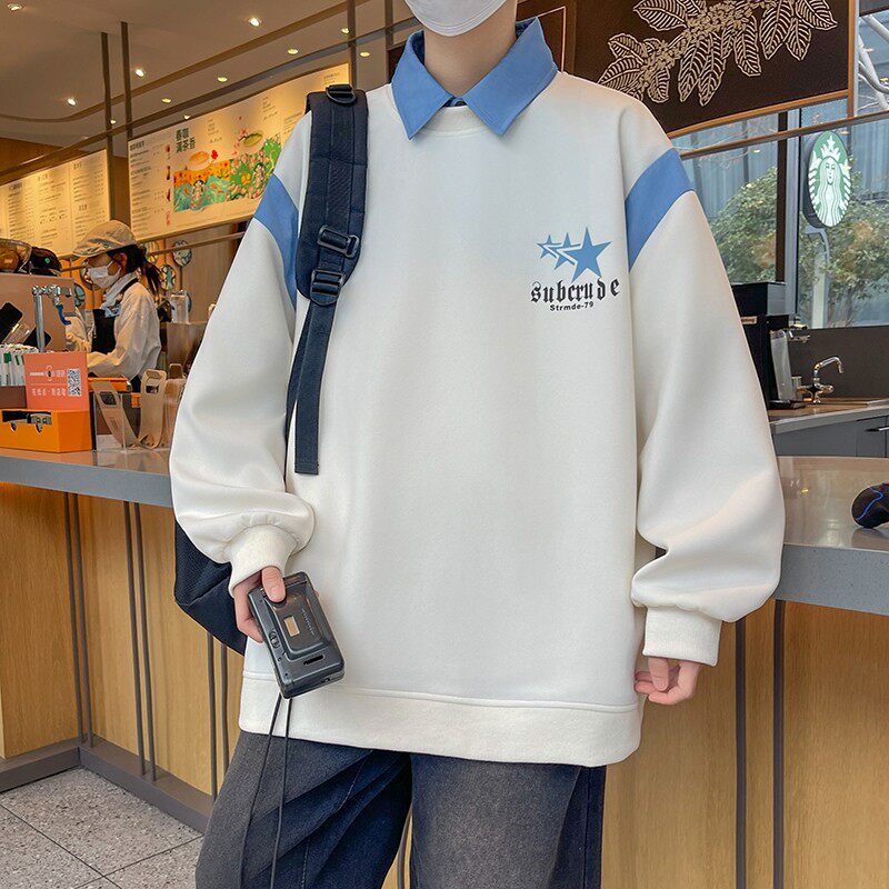84205-P50POLO衫卫衣男潮牌宽松港风学生长袖T恤情侣装套头图片