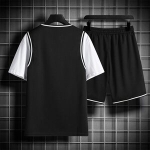 现货TZ05-P45套装男休闲运动潮牌上衣服港风嘻哈宽松短袖短裤两件图片