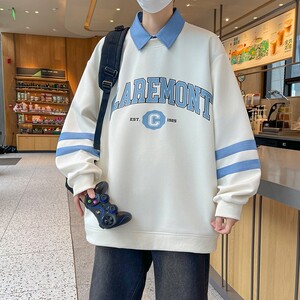 84202-P50宽松翻领男潮流港风拼接撞色套头卫衣男秋冬季加厚男图片