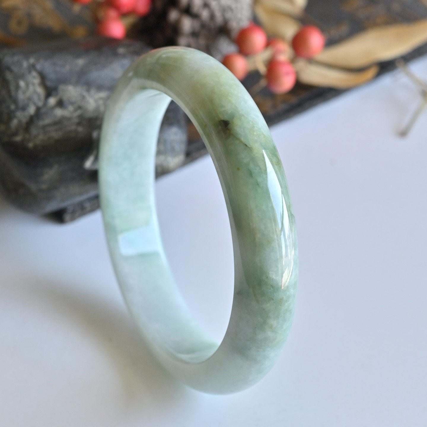 一物一图清仓天然A货翡翠手镯冰糯种三彩玉镯子女款57缅甸玉手镯