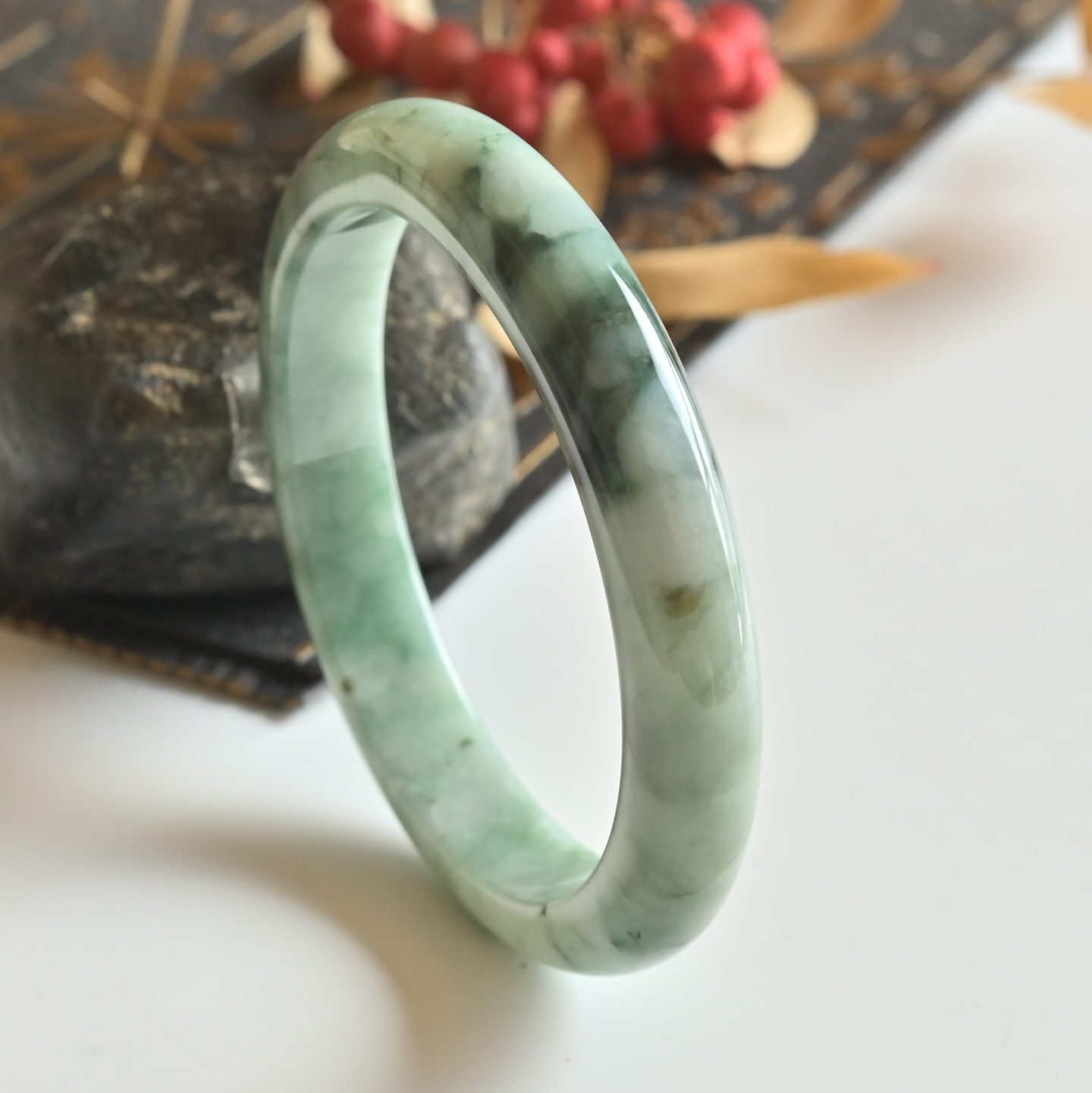 清仓天然A货翡翠手镯冰糯种蓝绿玉镯子女58.5缅甸玉手镯一物一图