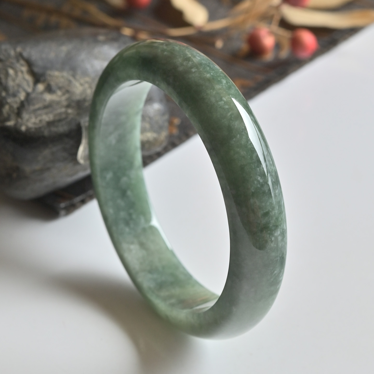 清仓天然A货翡翠手镯冰糯种墨绿玉镯子女53.5缅甸玉手镯一物一图