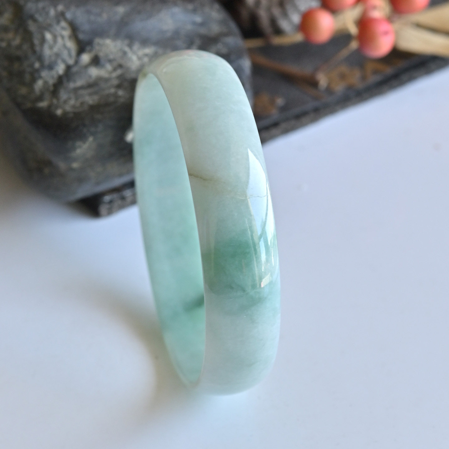 一物一图清仓天然A货翡翠手镯冰糯种飘绿玉镯公主镯53缅甸玉手镯