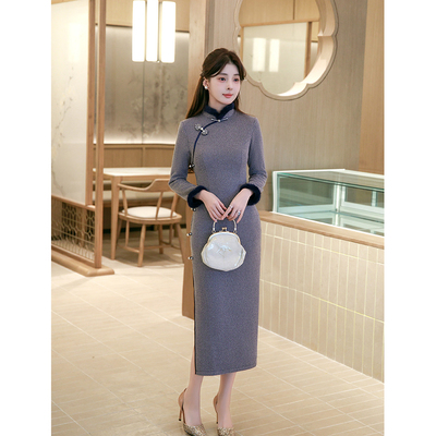 水貂绒加厚长袖保暖旗袍