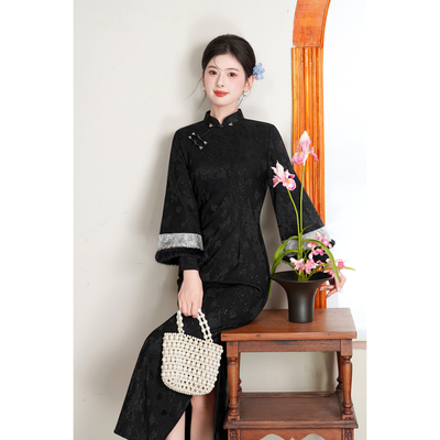 新中式复古黑色长袖旗袍女