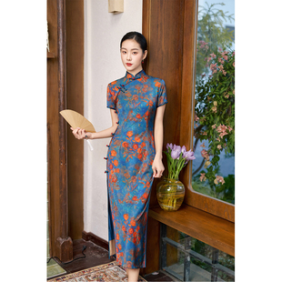 新中式改良旗袍气质复古短袖老上海长款收腰连衣裙日常年轻妈妈装