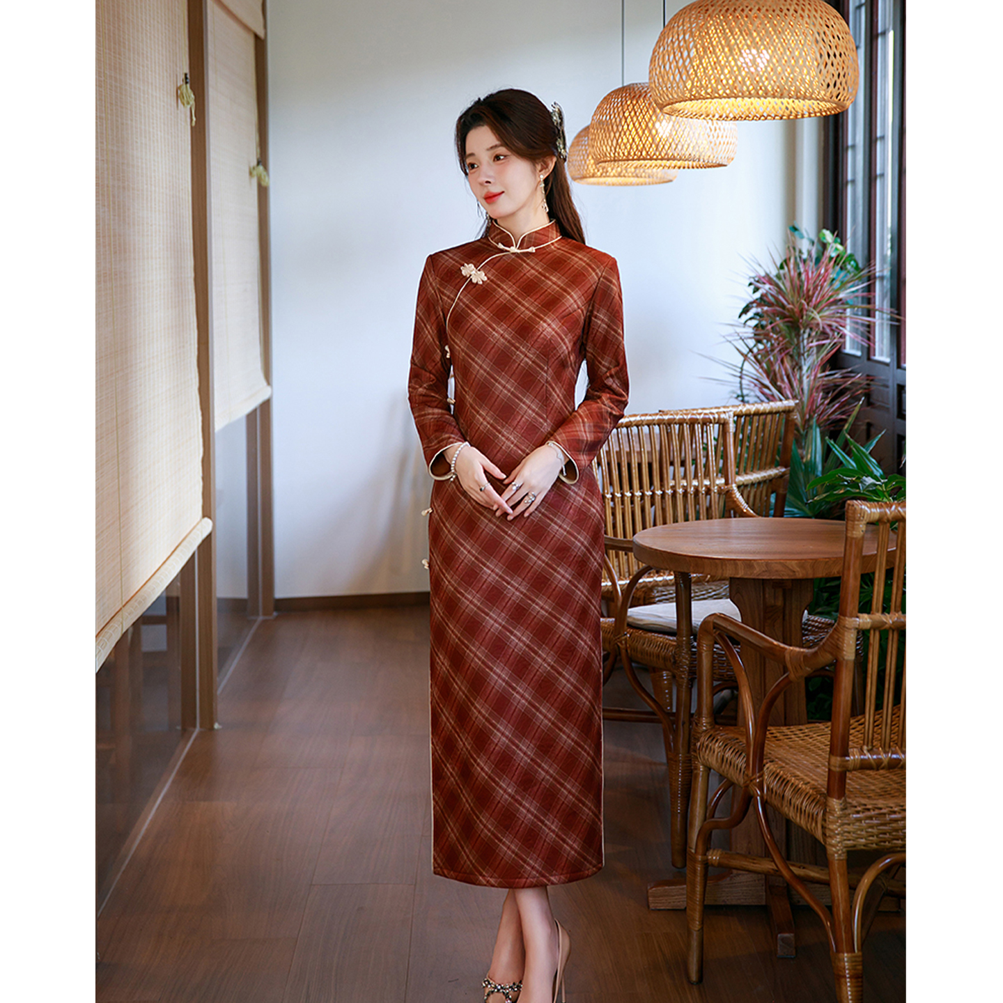 格子加绒加厚学生冬装国风新中式