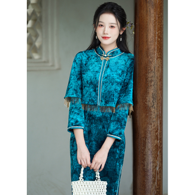蓝色复古改良新中式旗袍