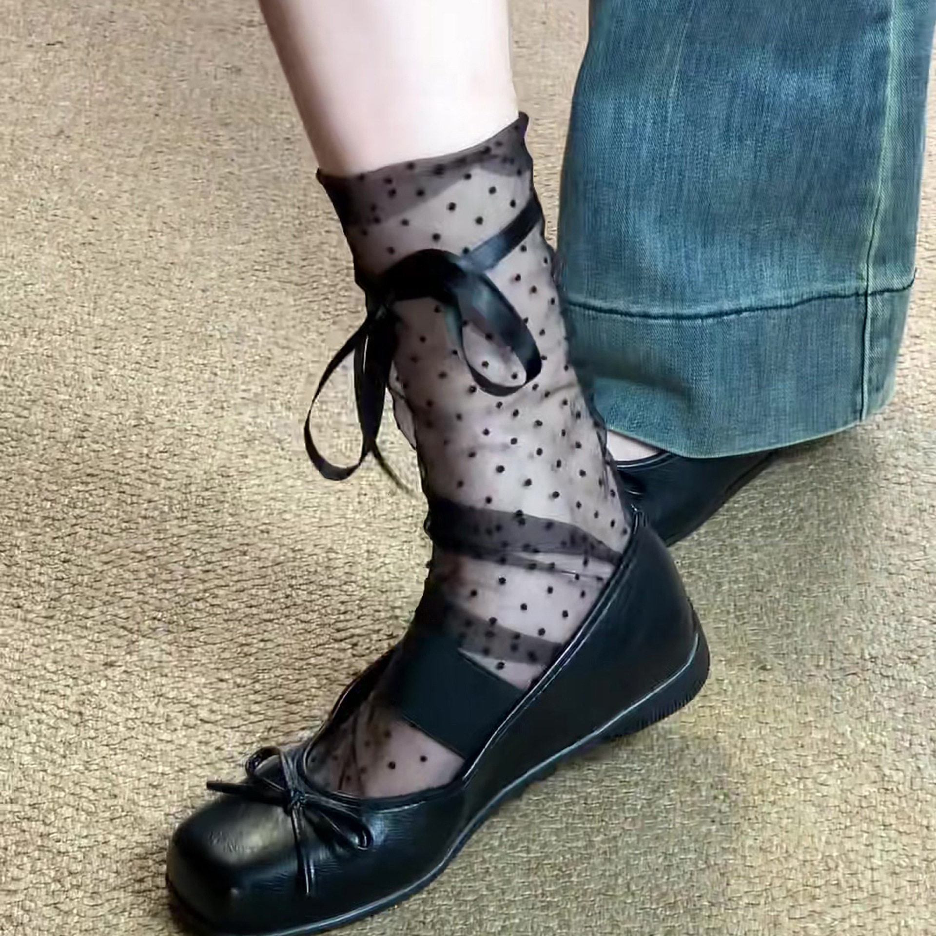 网纱透明堆堆袜女黑色波点玻璃丝