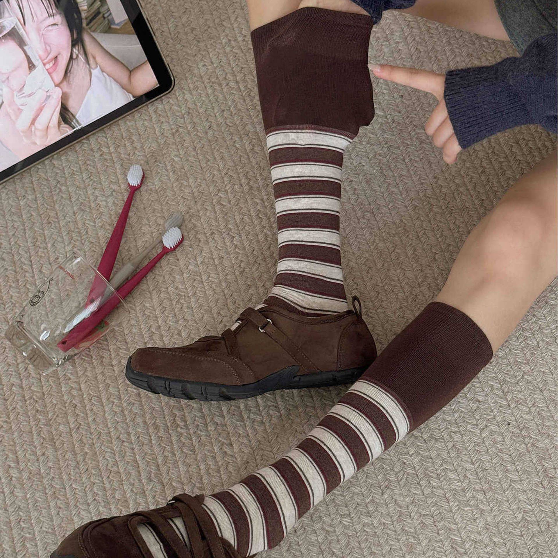 棕色条纹长筒袜女秋冬季复古