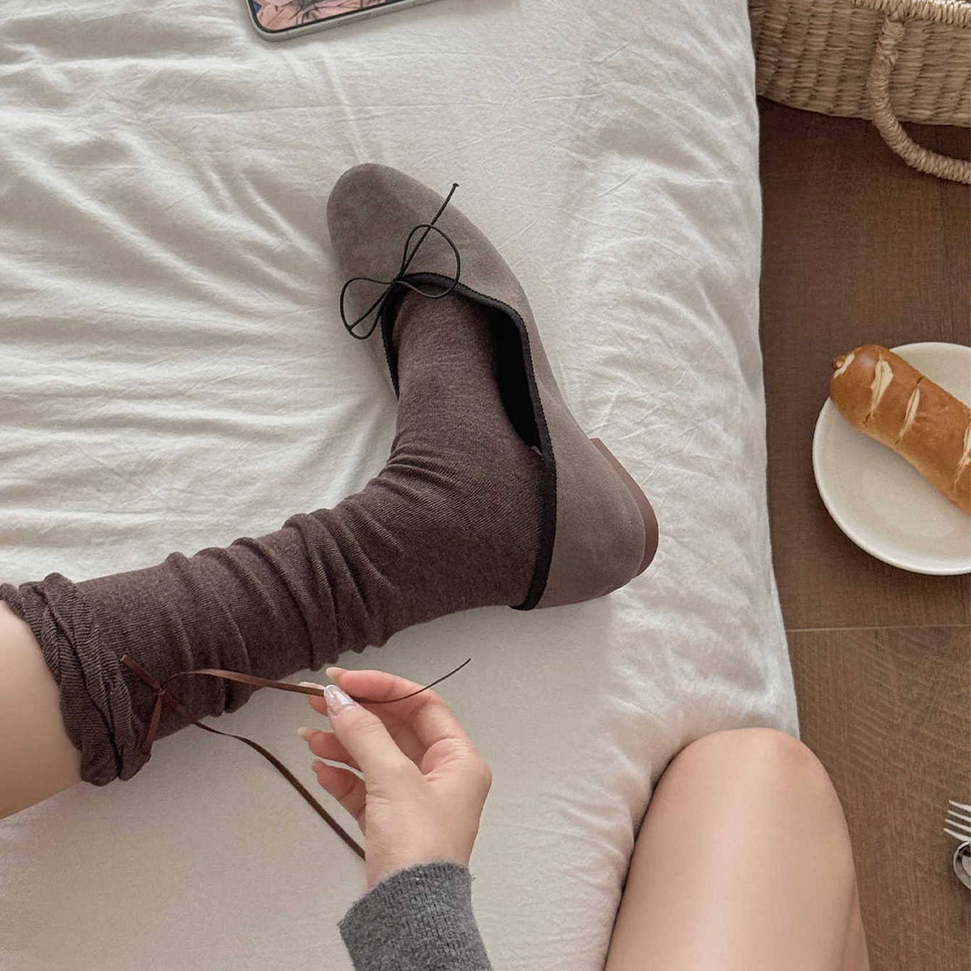 花边飘带中长筒袜子女秋冬简约