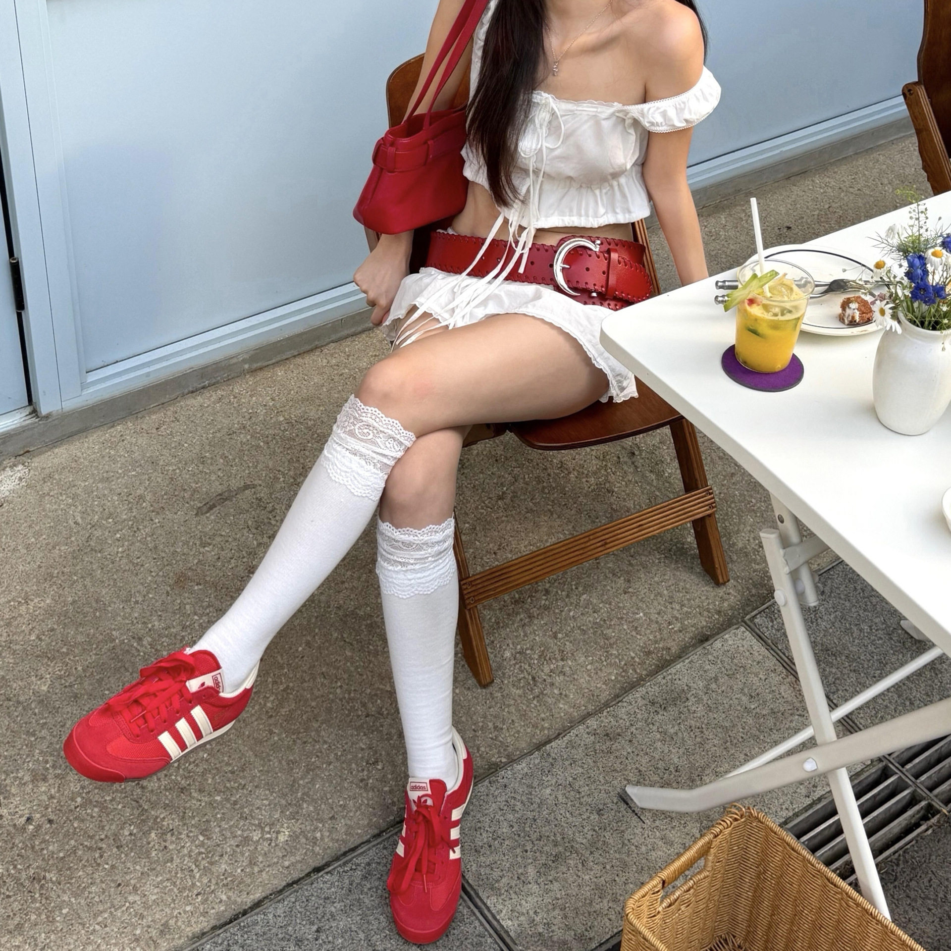 蕾丝花边及膝小腿袜女棉白甜美JK