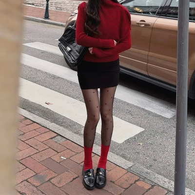 红色小爱心丝袜女叠穿中筒红袜