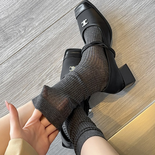 DODOYO MIU系芭蕾风袜子女竖条春季薄款棉中筒长袜灰色百搭堆堆袜